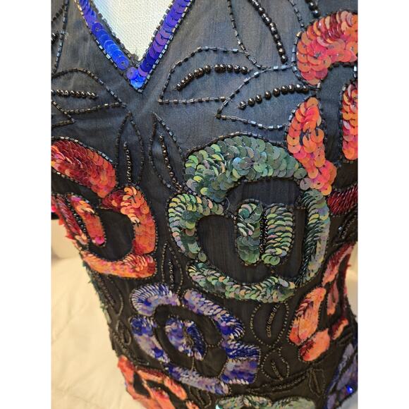 Vintage Stenay Sz L Sequin Chiffon Beaded 100% Silk Blouse Black Festive Boho - Picture 3 of 10